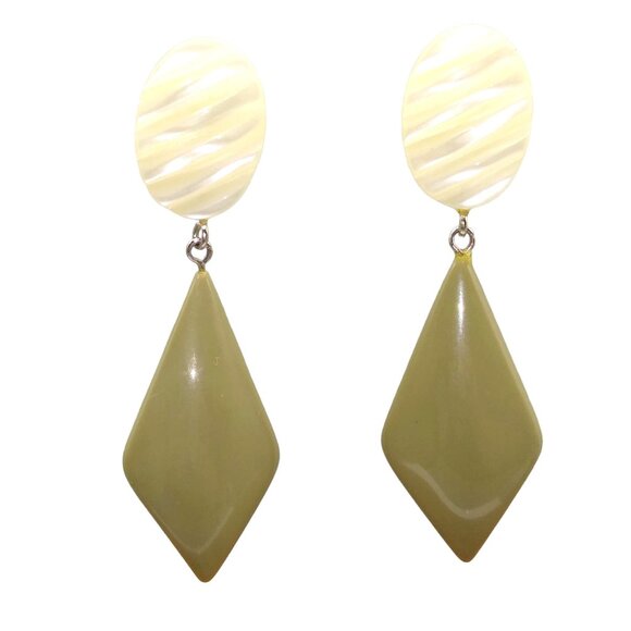 Vintage Mod Dangle Stud Earrings, Green Drop from Textured Moonglow Lucite Pearl - Picture 2 of 4
